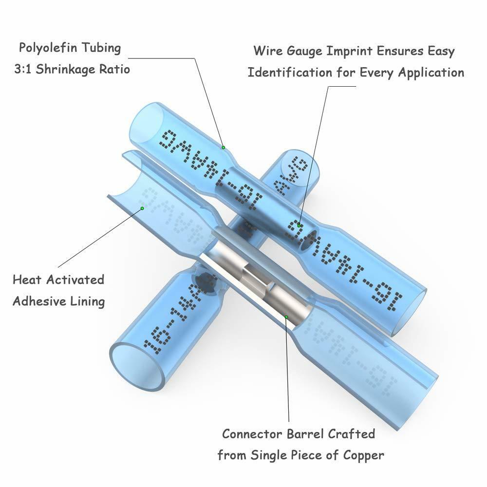 1000Pcs Heat Shrink Waterproof Wire Connectors Blue 14-16AWG Butt Seal Terminals