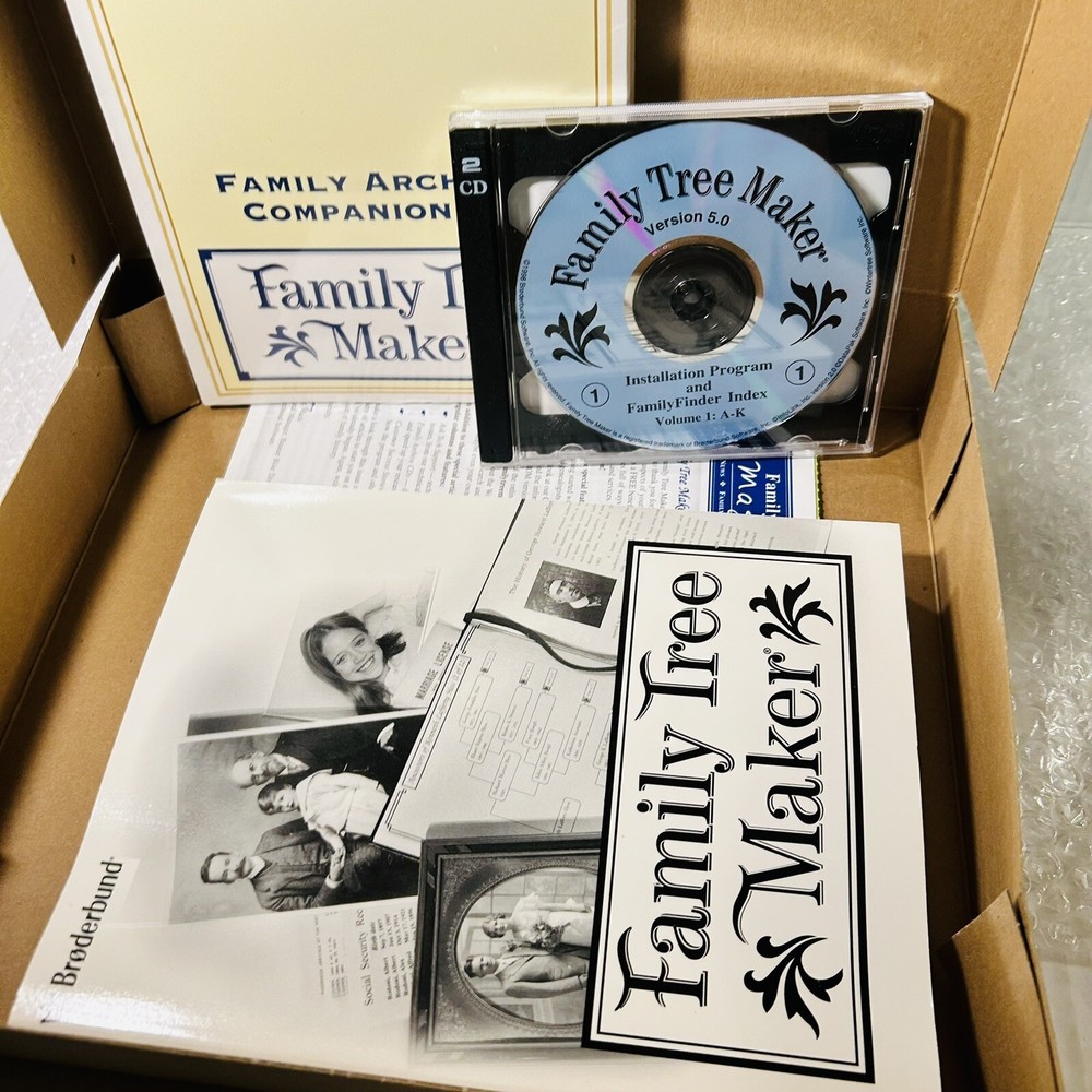 Family Tree Maker Version 5 10-CD Gift Set PC WIN 95/98 Broderbund NEW Open Box
