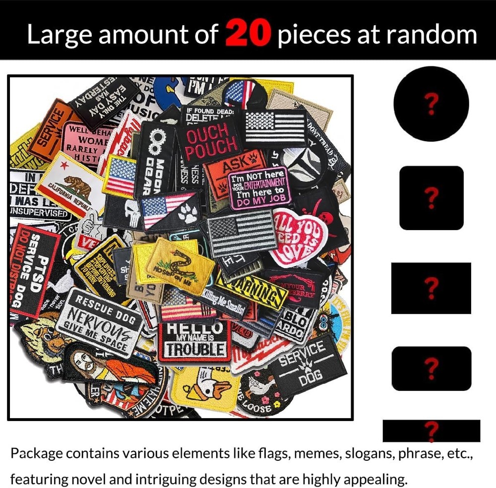 20 Pieces Random Tactical Morale Patch Bundle, Full Embroidery Loop and Hook ...