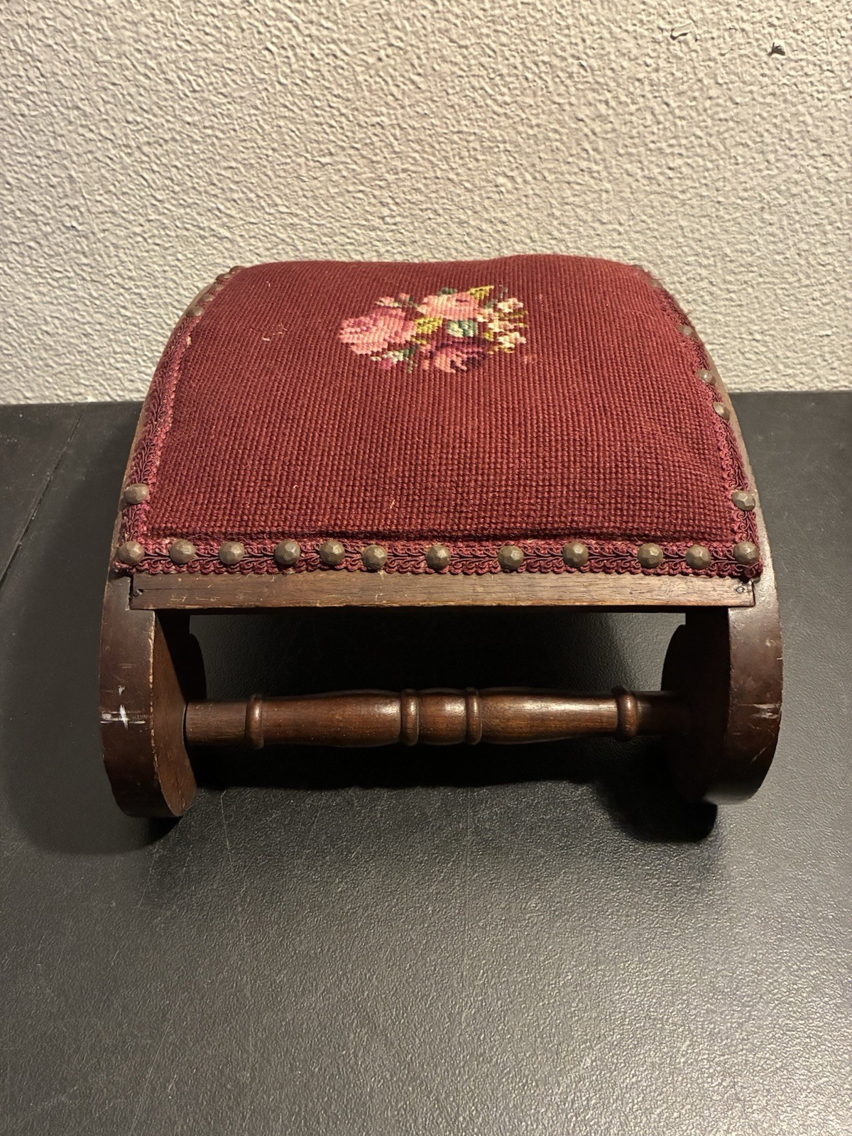 19th C. Antique Victorian Stud Accents Footstool Floral Needlepoint Carved Wood