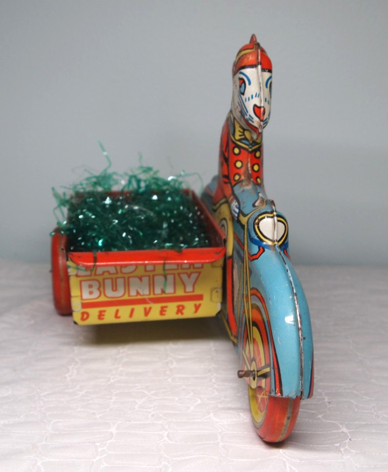 Vtg Tin Easter Car Bunny Delivery Motorcycle & sidecar rolled steel litho