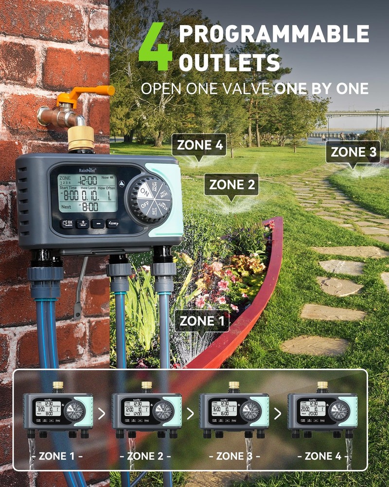 RAINPOINT Sprinkler Timer, 4 Outlets Hose Timer with Brass Inlet with Rain Delay