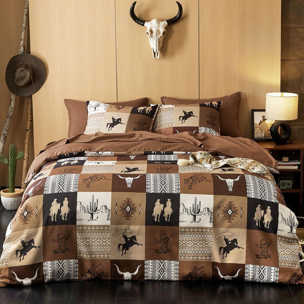 Wake In Cloud - Western Comforter Set with Sheets, Queen, Tan Brown