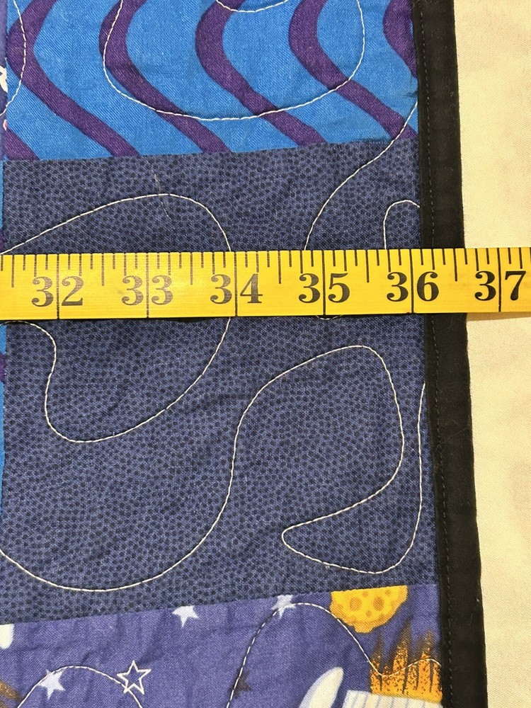 Handmade Patchwork Quilt Throw 47”x36” blue with space/rocket ships