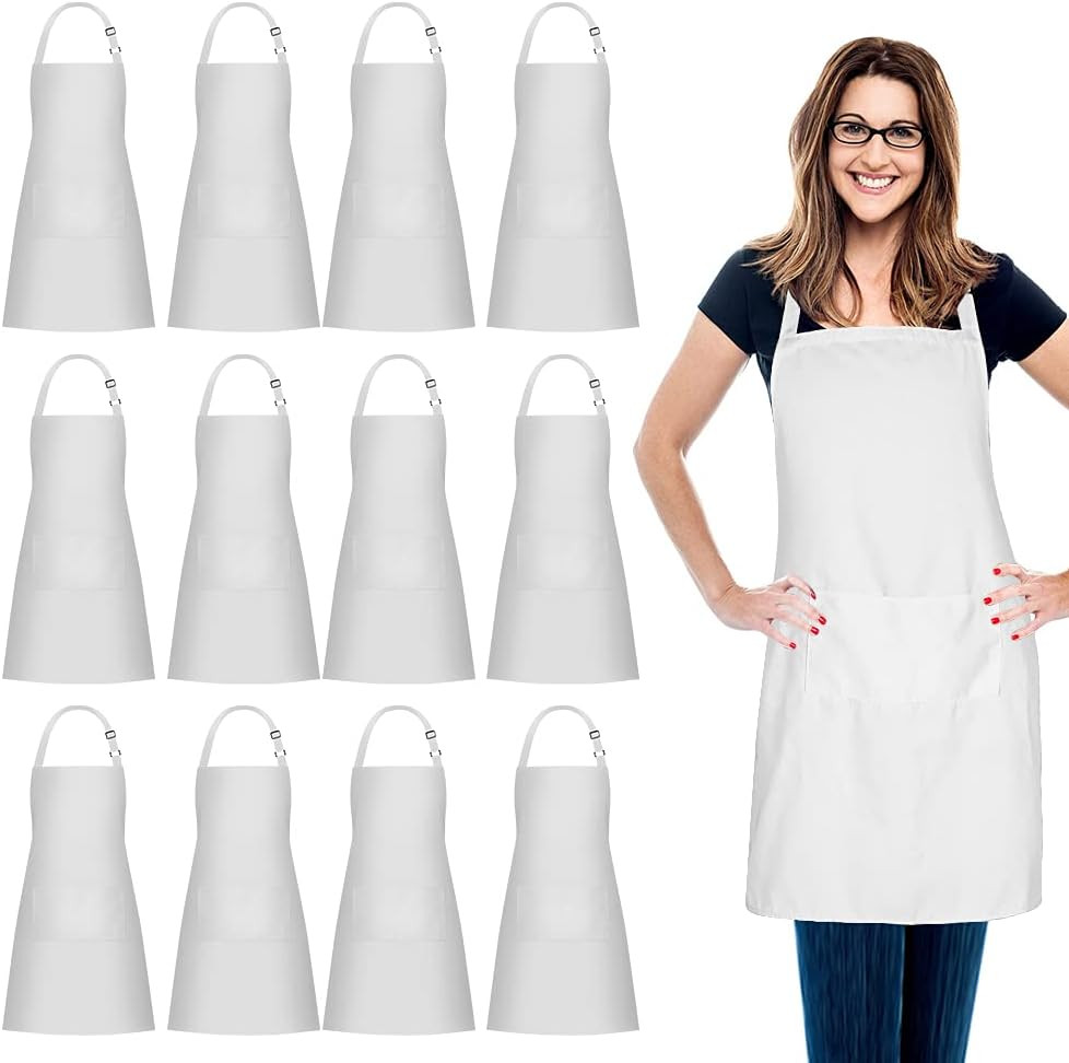 12 Pack 100% Cotton Aprons Bulk with 2 Pockets Cooking Chef Kitchen Adjustable B
