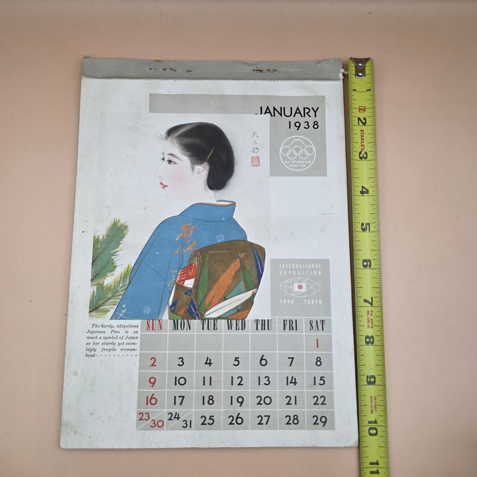 RARE XII Olympiad Ephemera Tokyo Japan 1938 Calendar WWII Canceled 1940 Olympics
