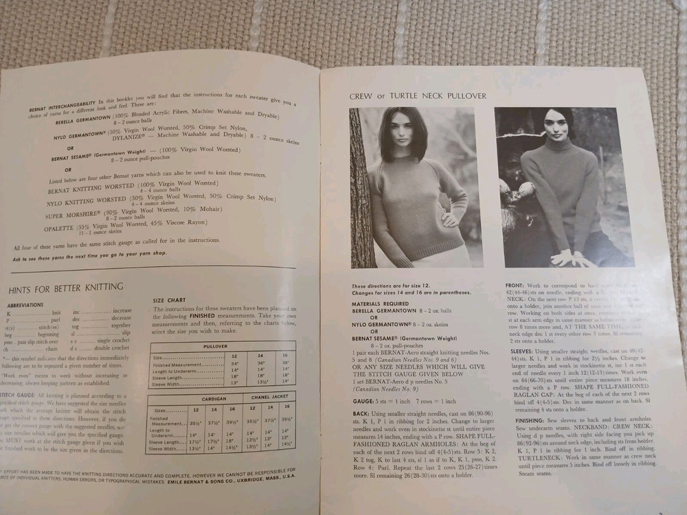 1966 Berella Germantown Bernat Basic Six Sweater Pullover kNITTING PATTERN-MG4