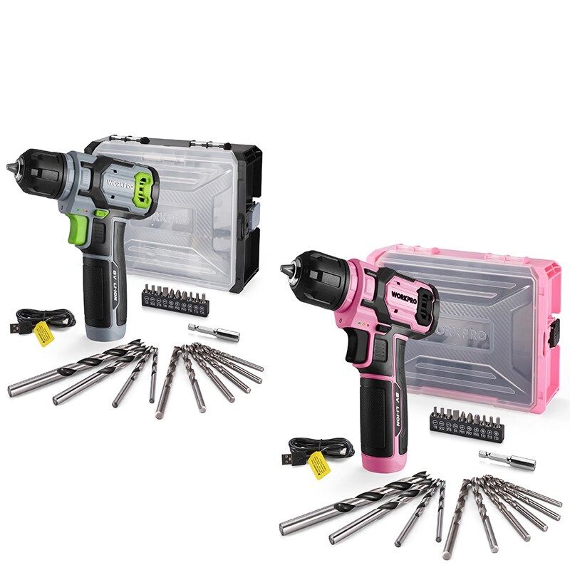 WORKPRO Pink /GrayPower Drill Set&Stackable Tool Box, 8V Cordless Drill Driver