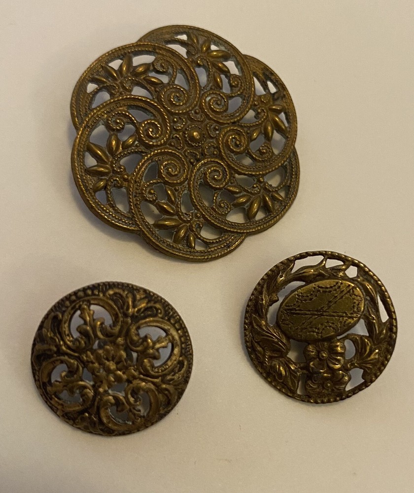 Antique Lacy Pierced Openwork Brass Button Lot 3 solid one-piece loop shanks