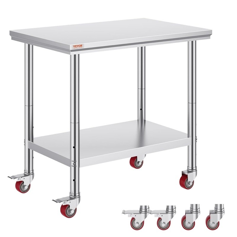 Heavy Duty Stainless Steel Prep Table W/ Adjustable Undershelf & Rolling Wheels
