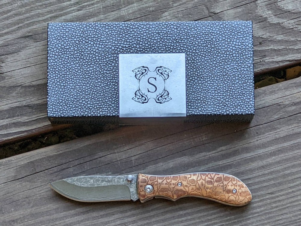Silver Cut Folding Knife Artificial Damascus Blade Engraved Handle Box