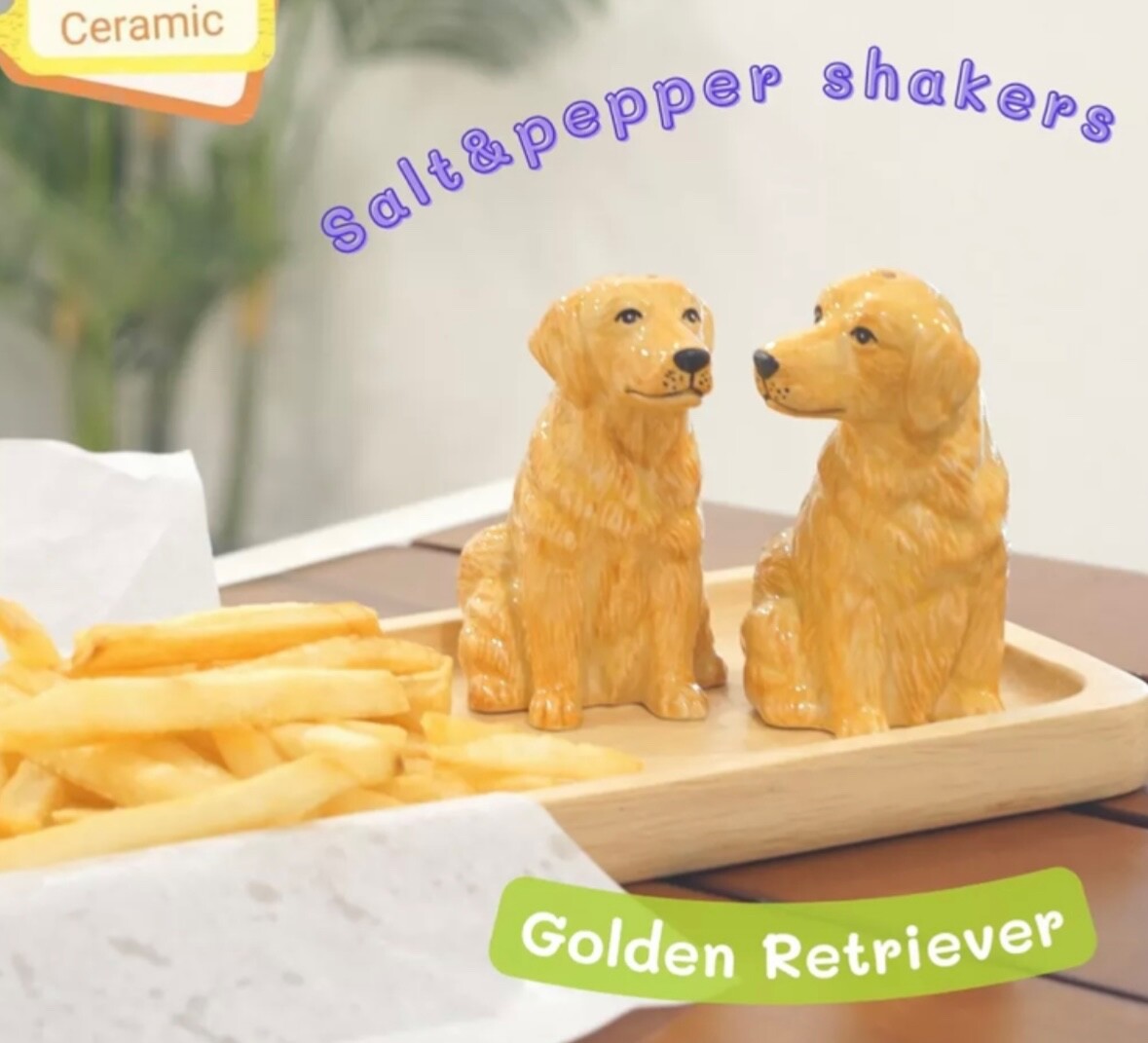 SET Salt&Pepper Shaker Ceramic Golden Dog Figurine Hand Painted Home Decorate