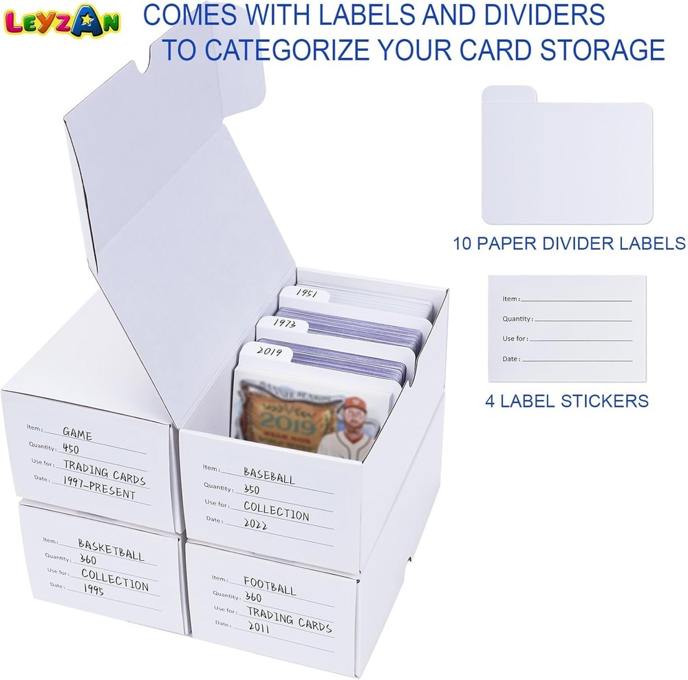 Durable & Stackable Trading Card Storage Box Set with Labeled Dividers - 4 Count