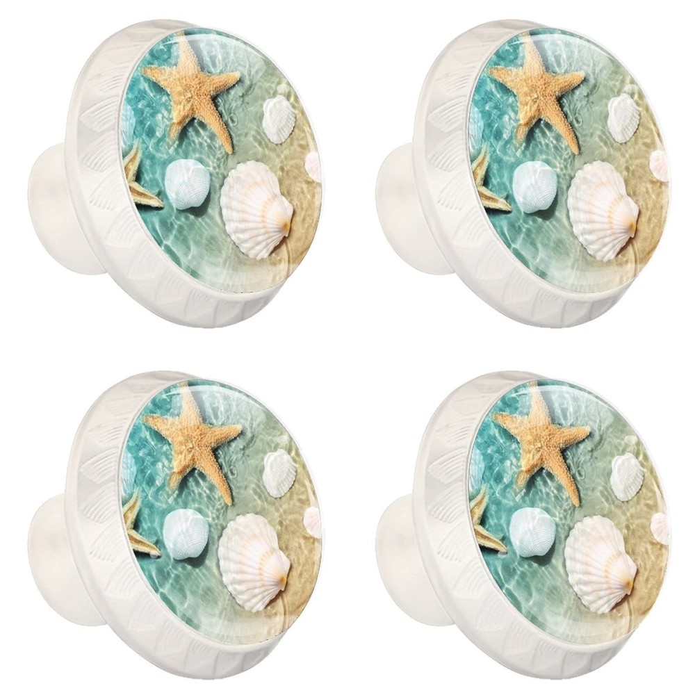 4 Pack Dresser Drawer Cabinet Knobs Beach Starfish Seashell Round Shape Cryst...