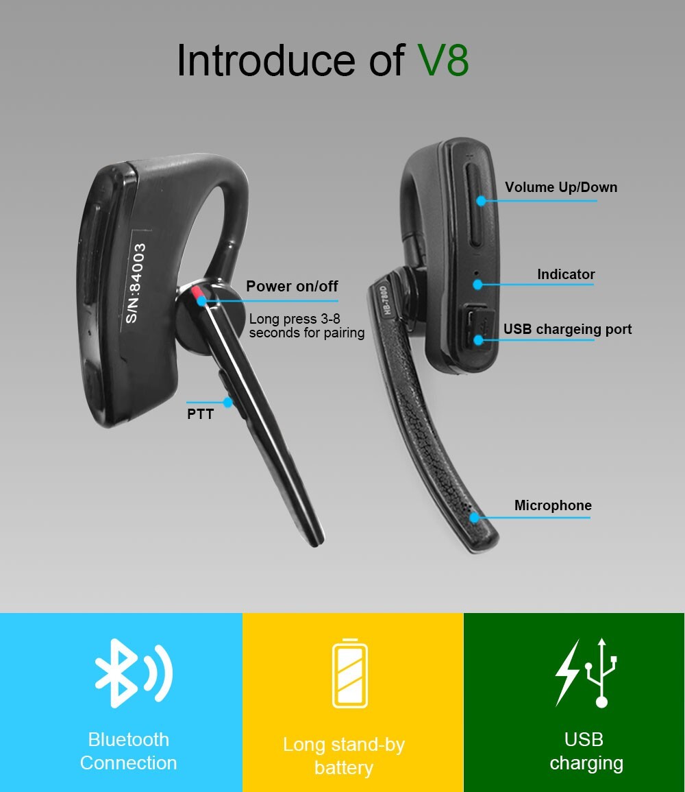 Wireless Hands-free PTT Bluetooth Earphone K1 Plug For UV-82 UV-5R Walkie talkie