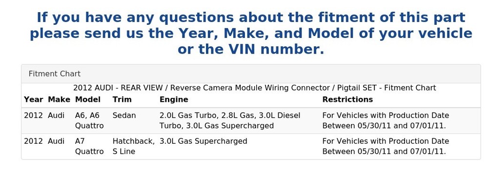 2012 AUDI - REAR VIEW / Reverse Camera Module Wiring Connector / Pigtail SET