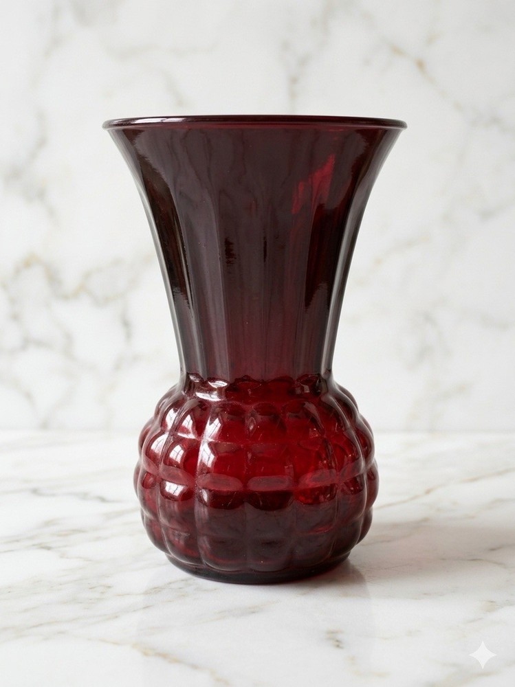 Vintage 1970’s Anchor Hocking Deep Ruby Red Flared ‘Pineapple’ Vase