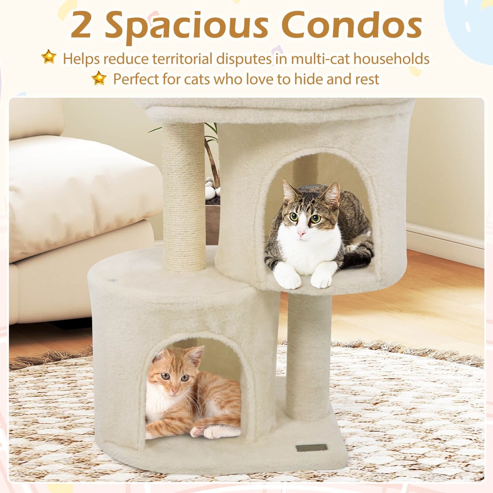 26” Small Cat Tree w/Large Padded Plush Perch, 2 Condos, Sisal Scratching Posts