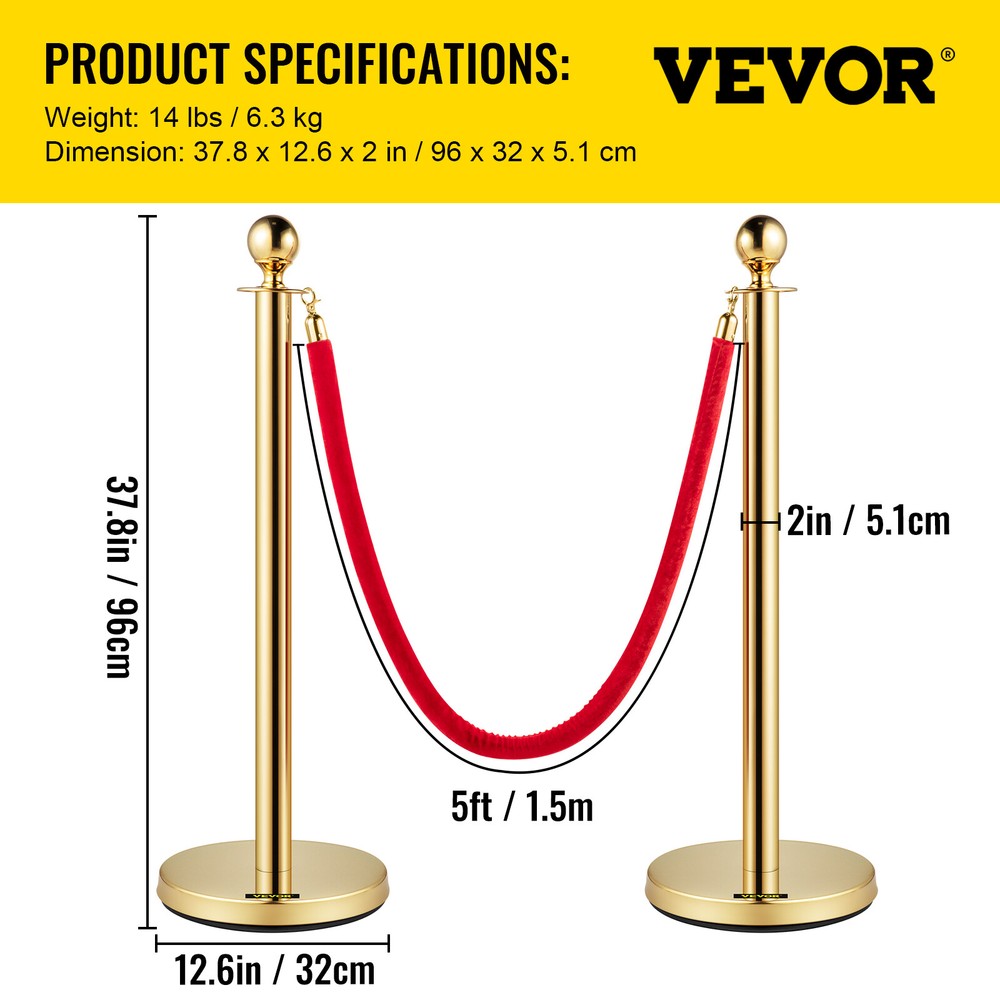 4Pcs Stanchion Posts Queue Pole Barrier Crowd Control With 3 Velvet Ropes