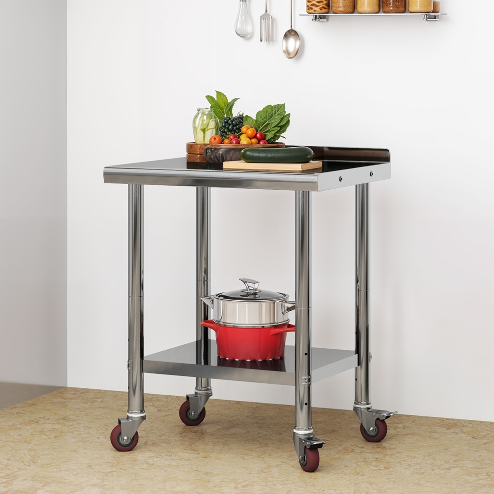 30" Work Table Stainless Steel Undershelf Kitchen Prep Backsplash w/ Hook Wheels