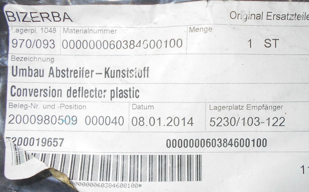 Bizerba 60384600100 Scraper Kit AL to GR SE12-D