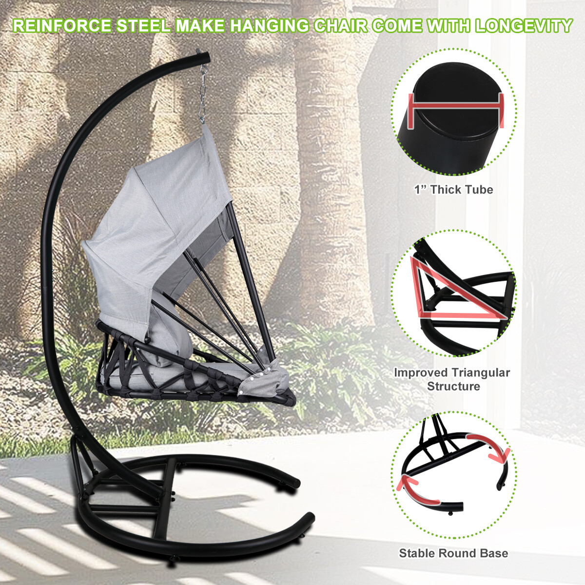 Foldable Hanging Egg Chair Outdoor Patio Hammock Swing Cushion Seat Canopy Stand