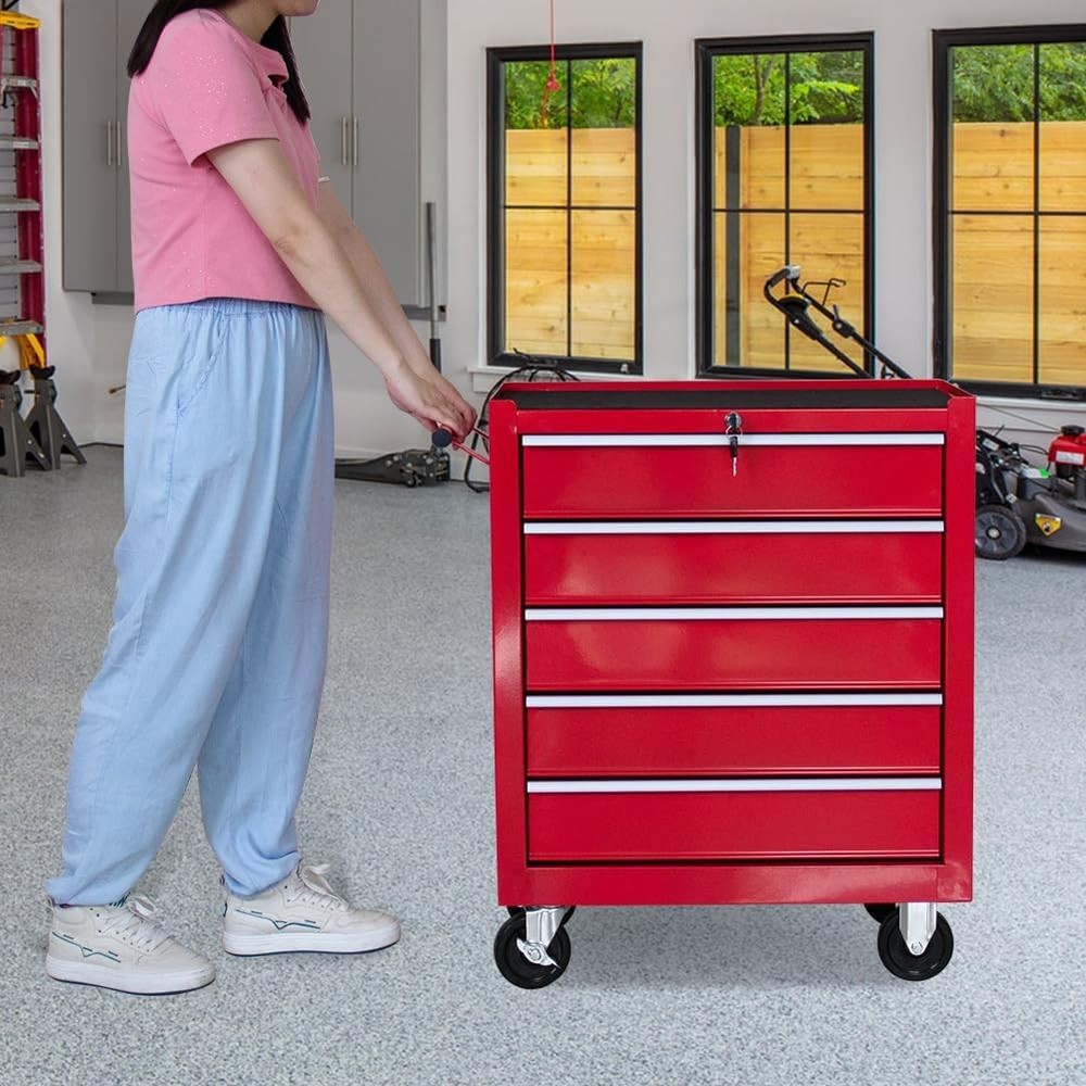 5 Drawer Tool Chest Wheels Rolling Garage Tool Storage Cabinet System Lockable