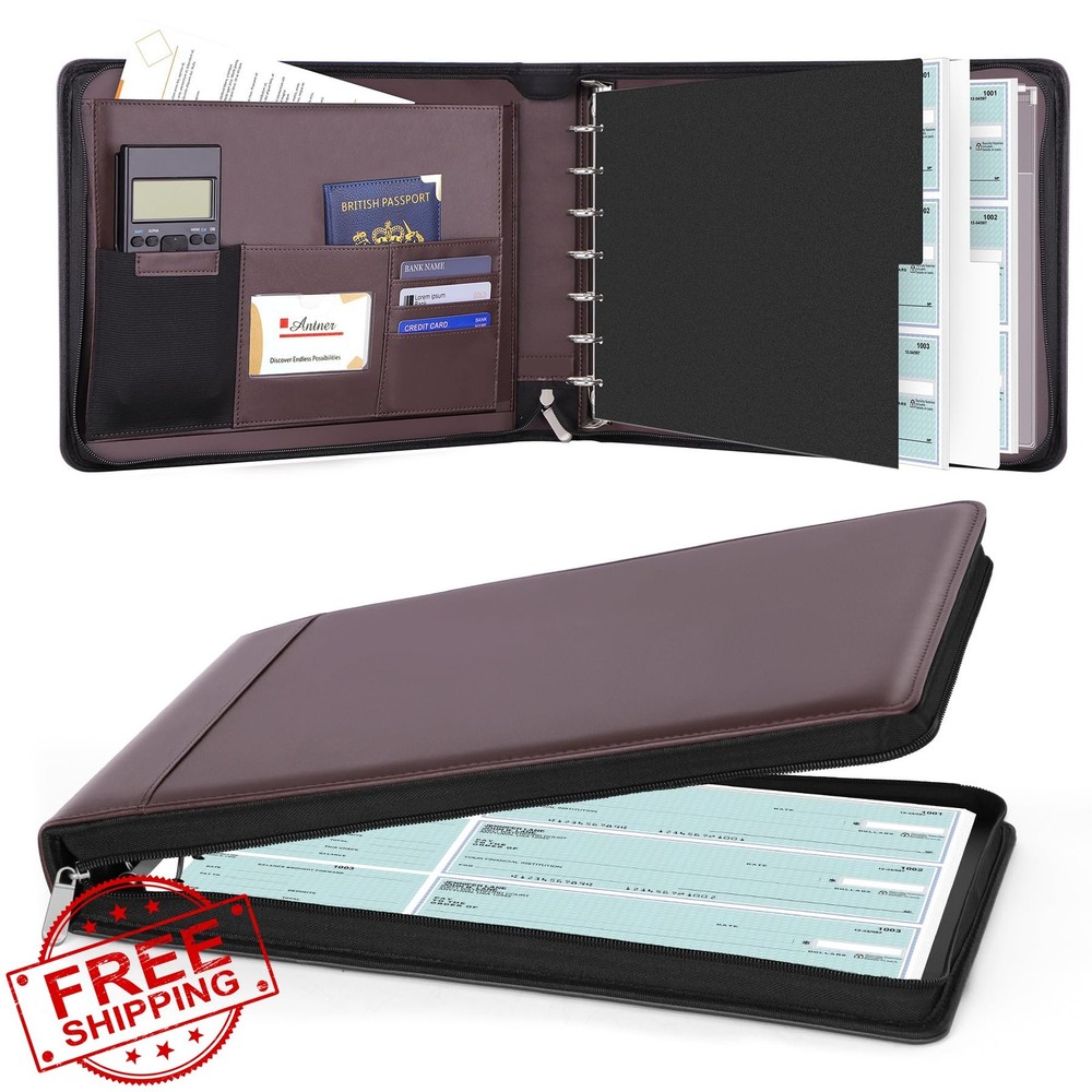 Antner Zippered Checkbook Binder 7 Ring Dark Coffee PU Leather