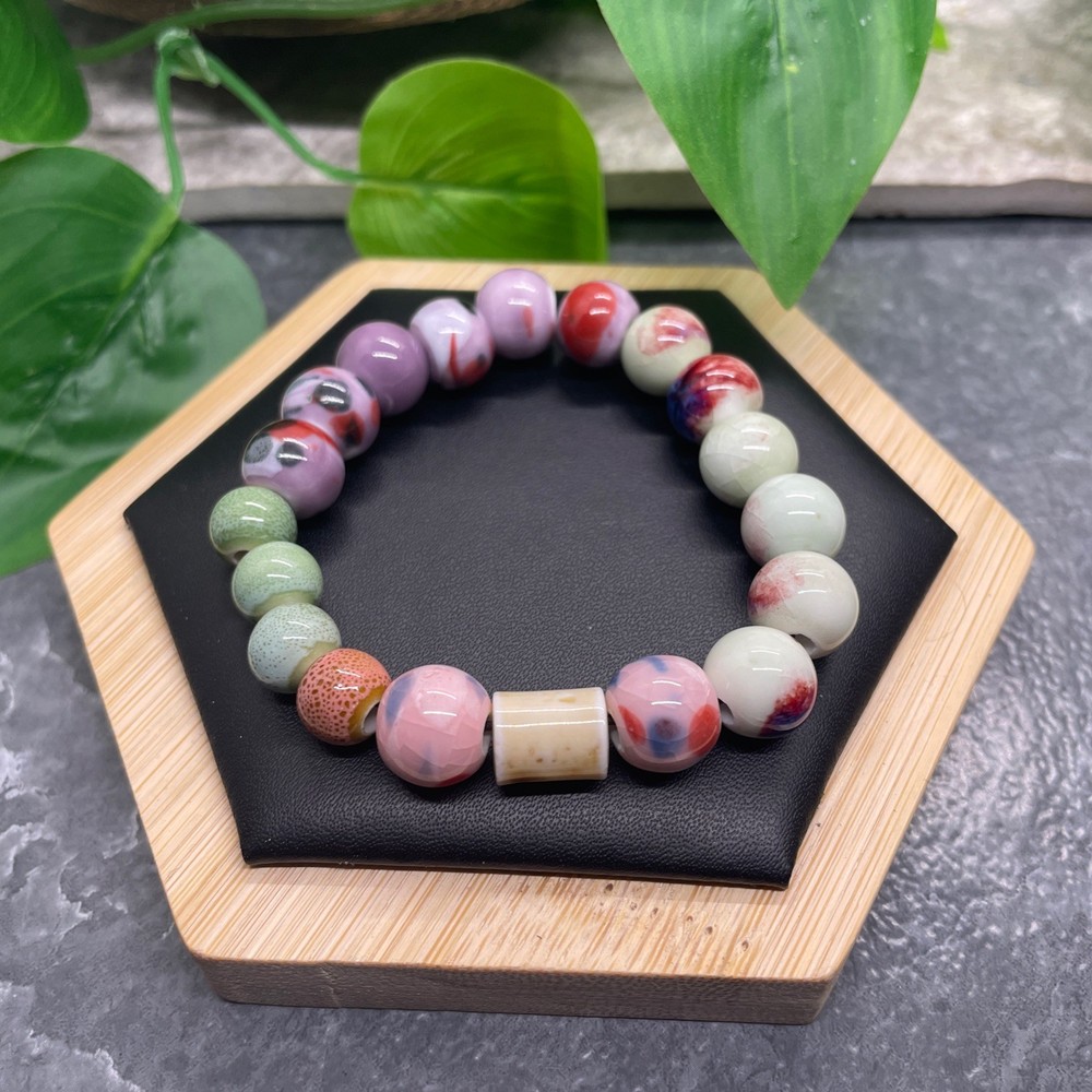 Handmade Ceramic Bead Beaded Stackable 6.5” Plus Stretch Bracelet New B527