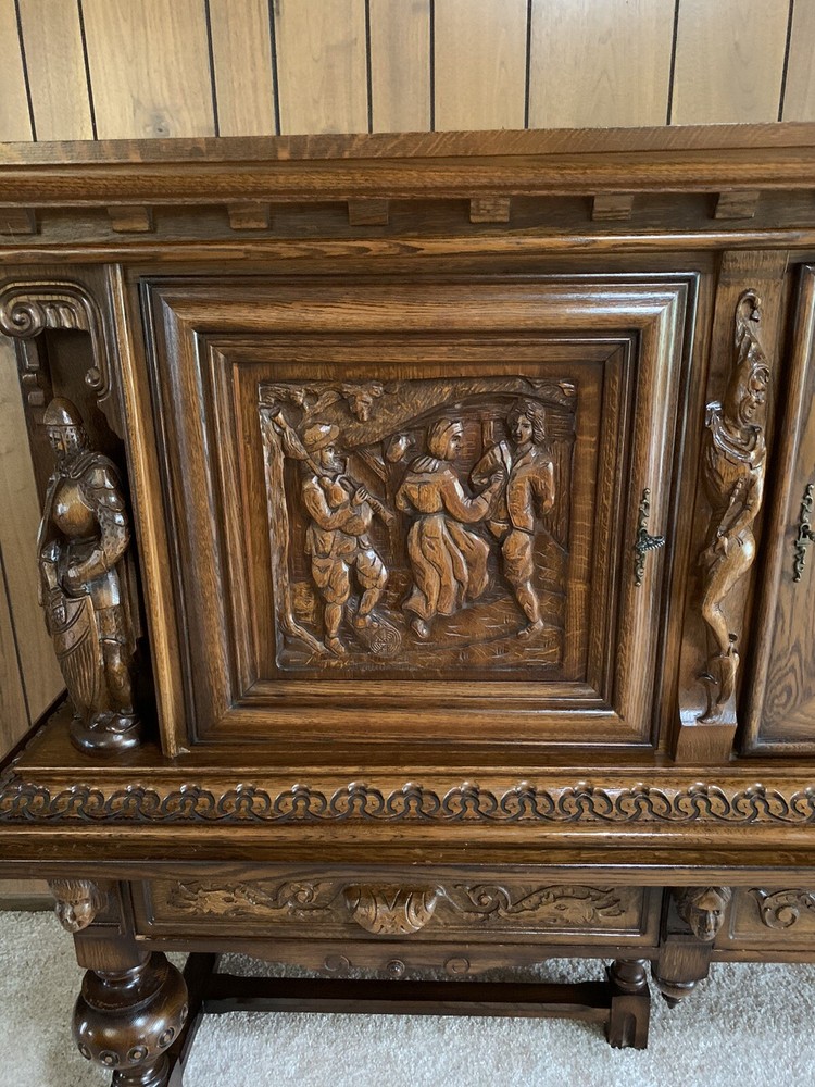 Antique Solid Oak French Gothic sideboard cabinet