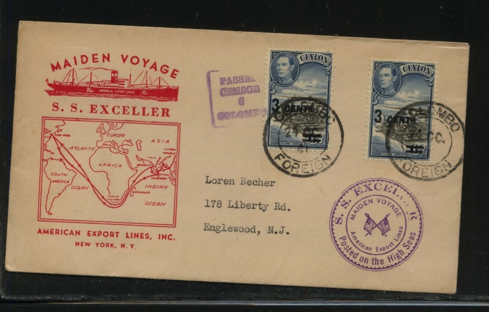 Ceylon  ship cancel,  censor cover  SS  Ezxceller      JL1006