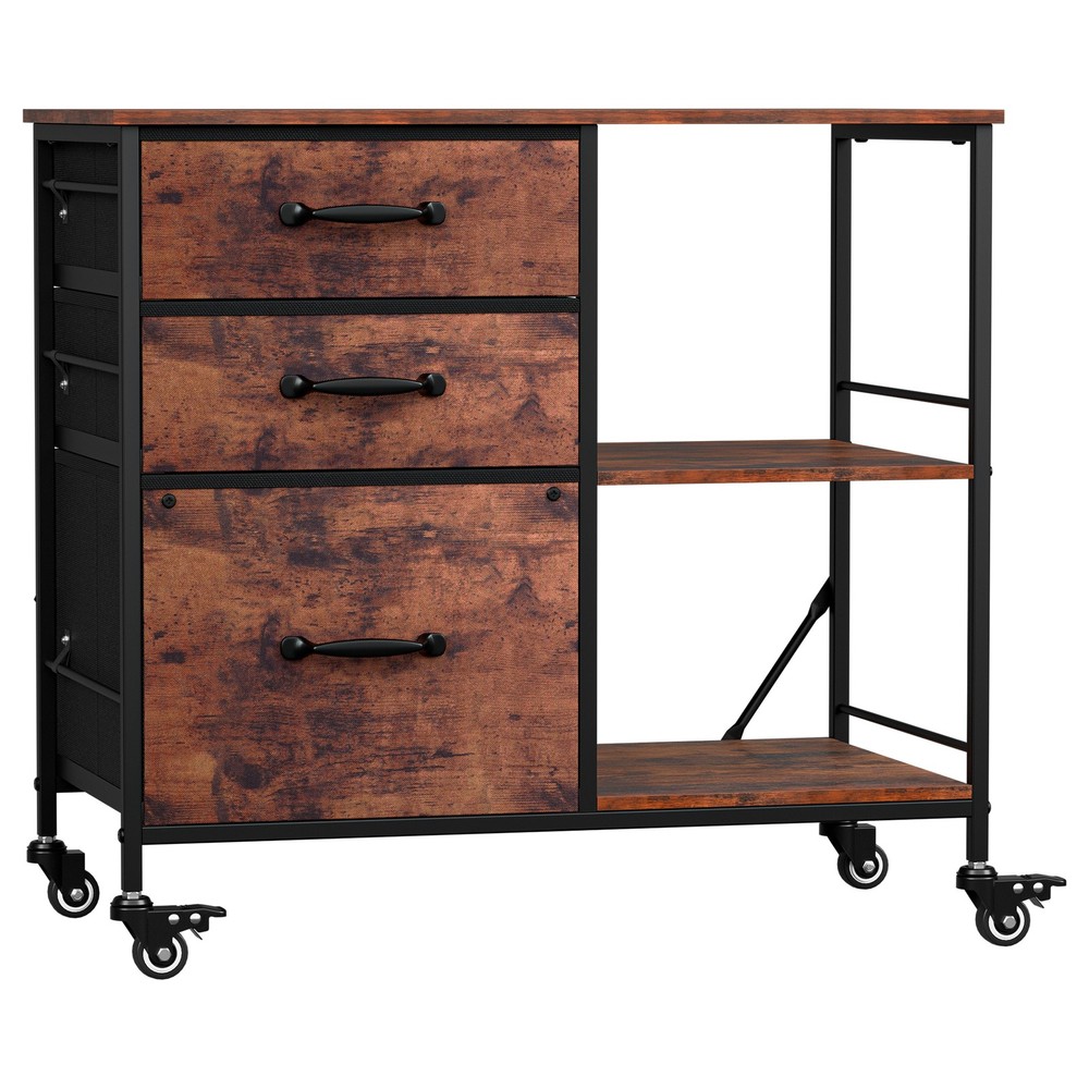 Mobile File Cabinet w/ 3 Drawers & Open Shelf Rolling Printer Stand Rustic Brown