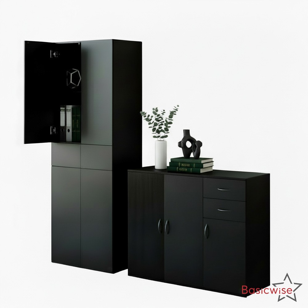 Basicwise Set of Buffet Table with Drawers Plus Cabinet with Compartments,Black