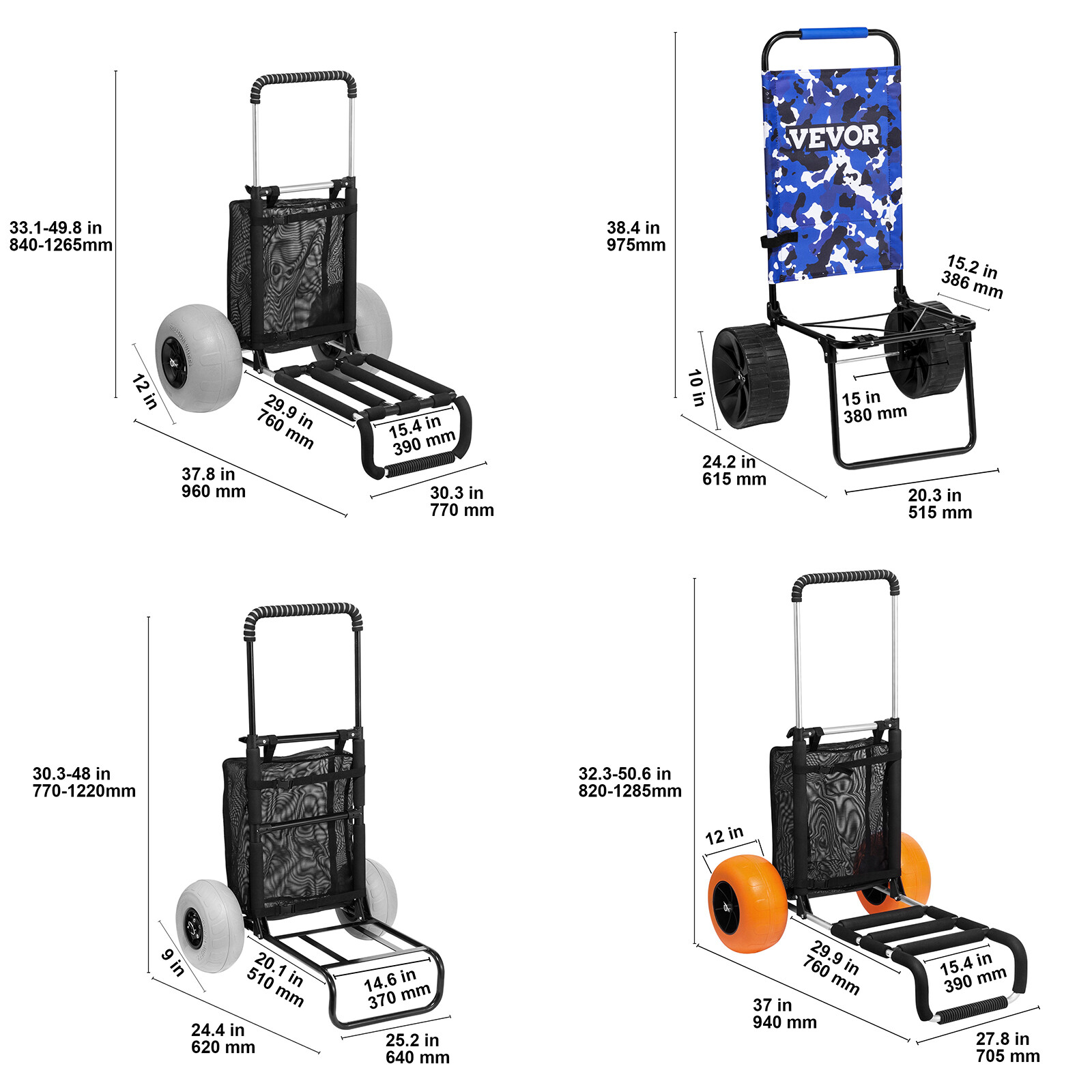 VEVOR Beach Cart Beach Wagon Dolly with 10/12" Big Wheels for Sand Gardening