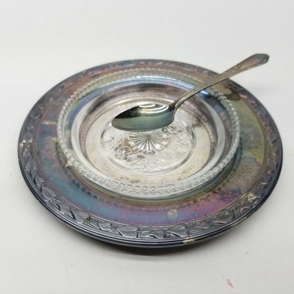 Stanley Silver Plate Jelly Dish No 28 Set Glass Liner Underplate Spoon Vintage