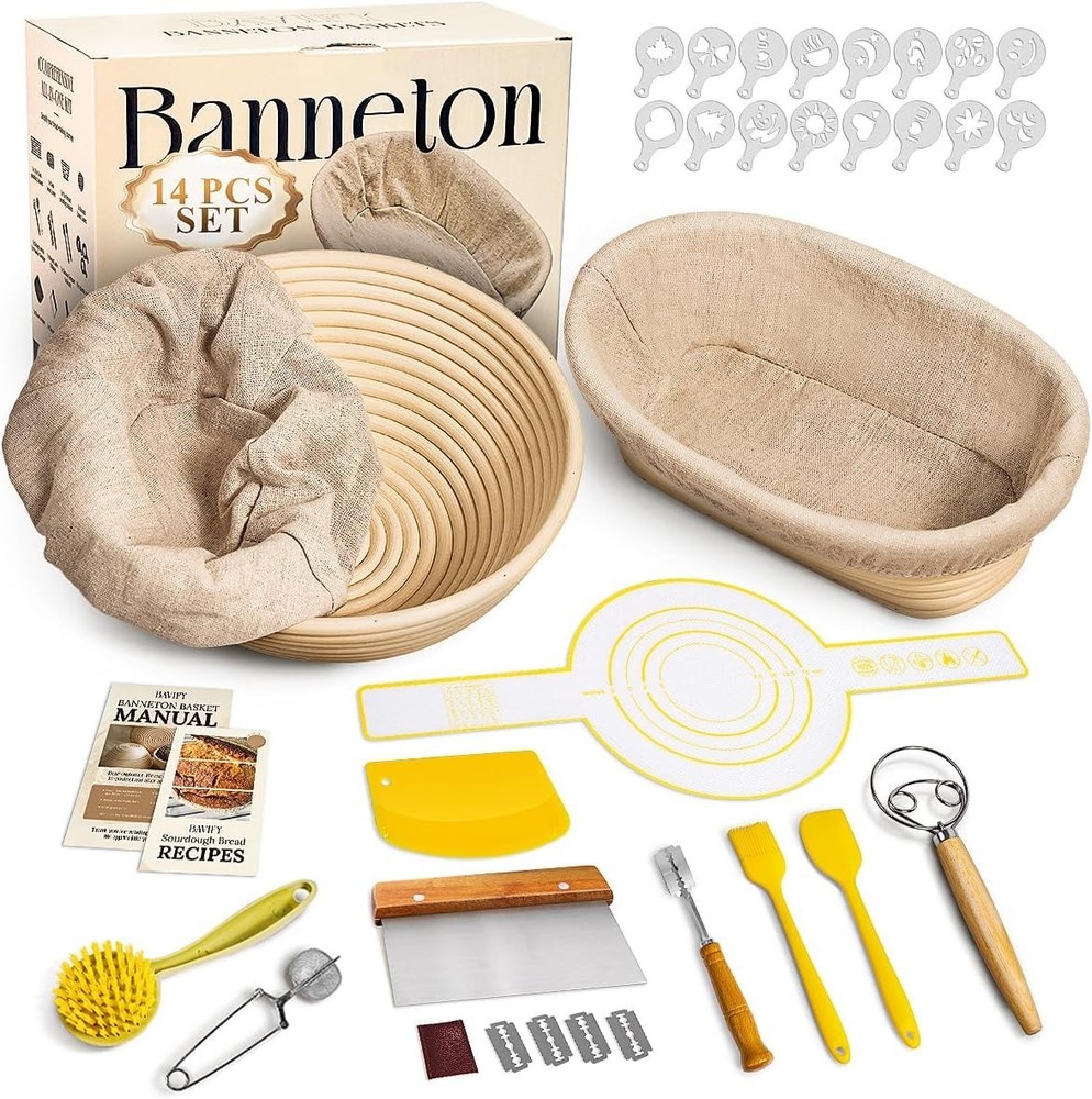 Sourdough Baking Essentials: 14 Tools in Rattan Baskets for Perfect Bread