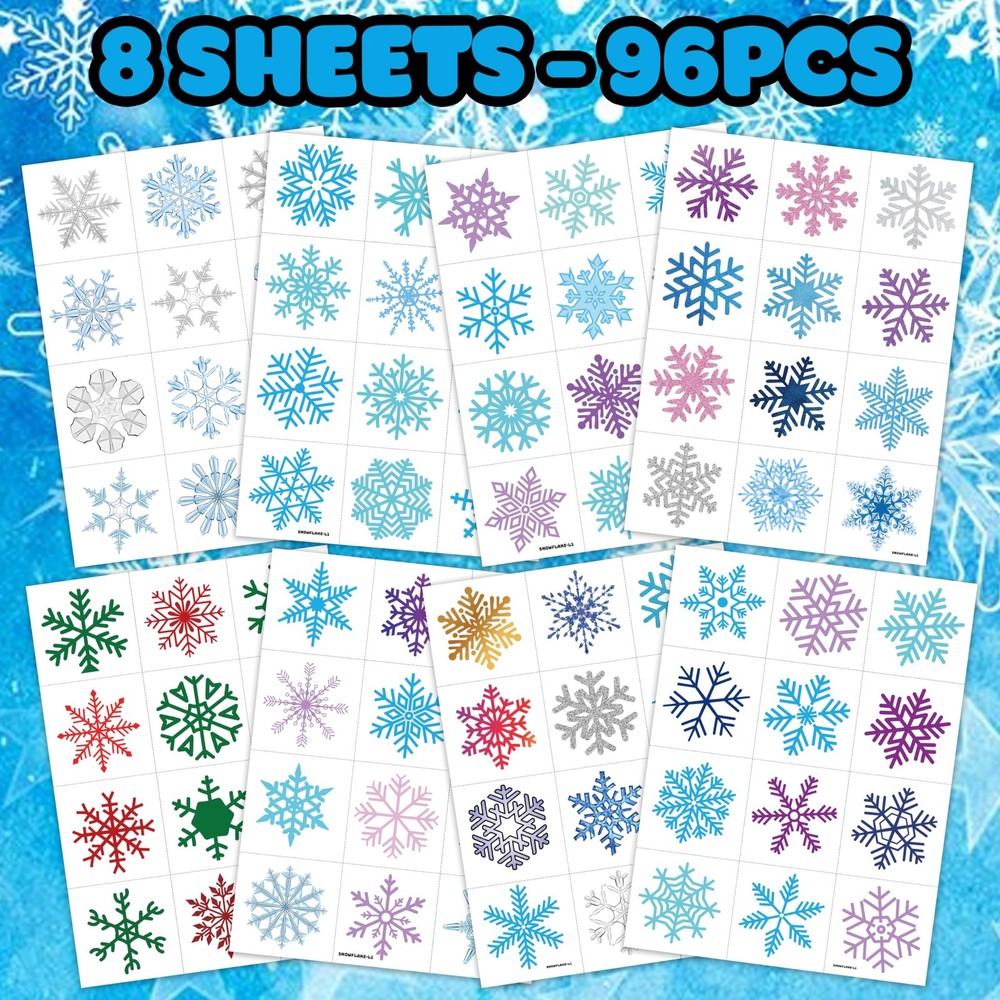 96 PCS Blue Snowflake Pre-Cut Temporary Tattoos Sticker Small, Multicolor