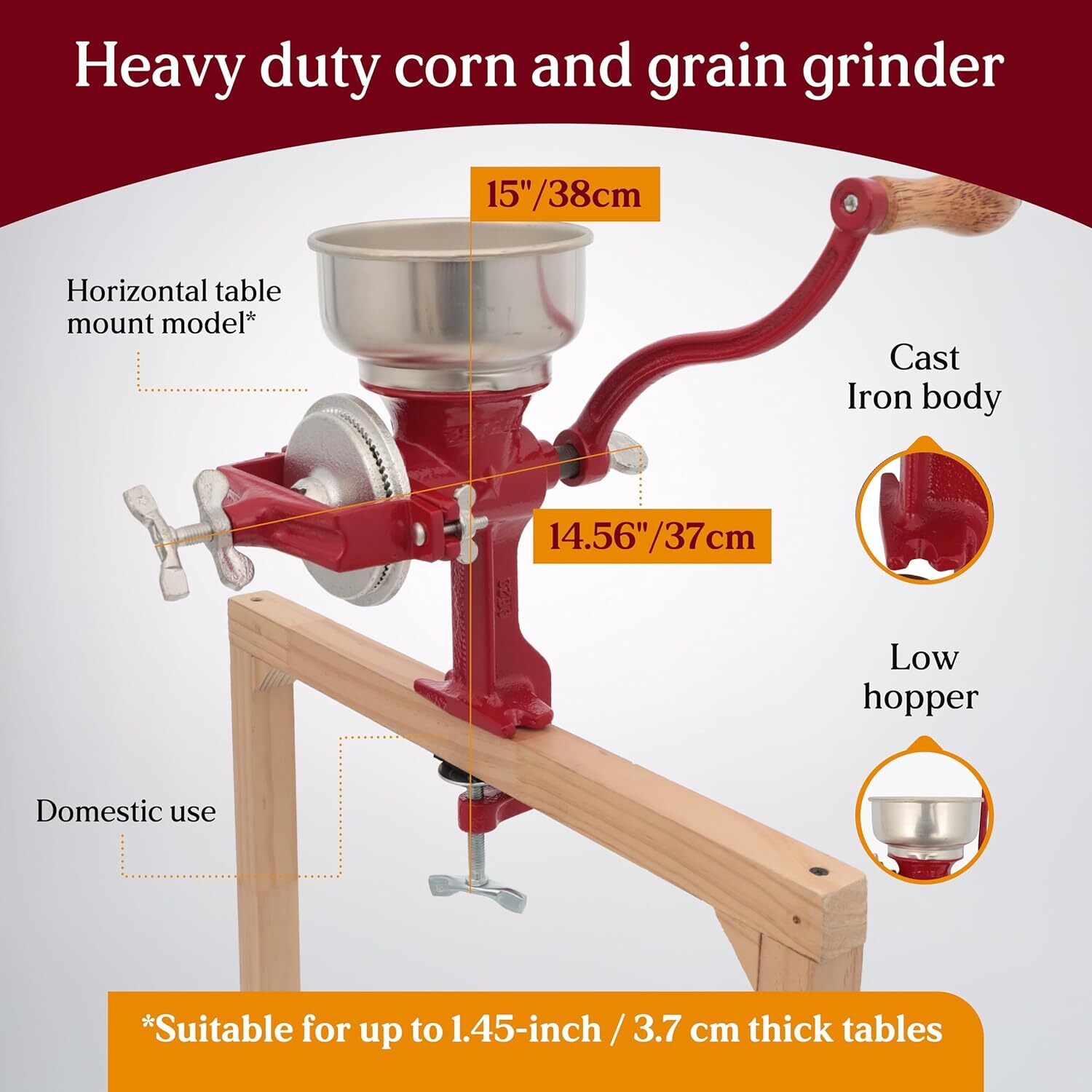 Red Cast Iron Manual Crank Corn Grain Grinder 14" Tall & 5" Hopper