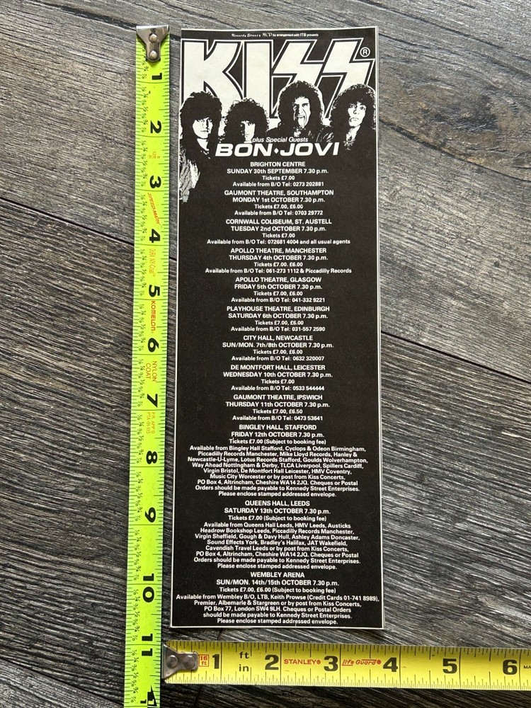 KISS Concert Ad Advert Animalize Tour UK Dates w/ Bon Jovi 1984 Vintage Kiss