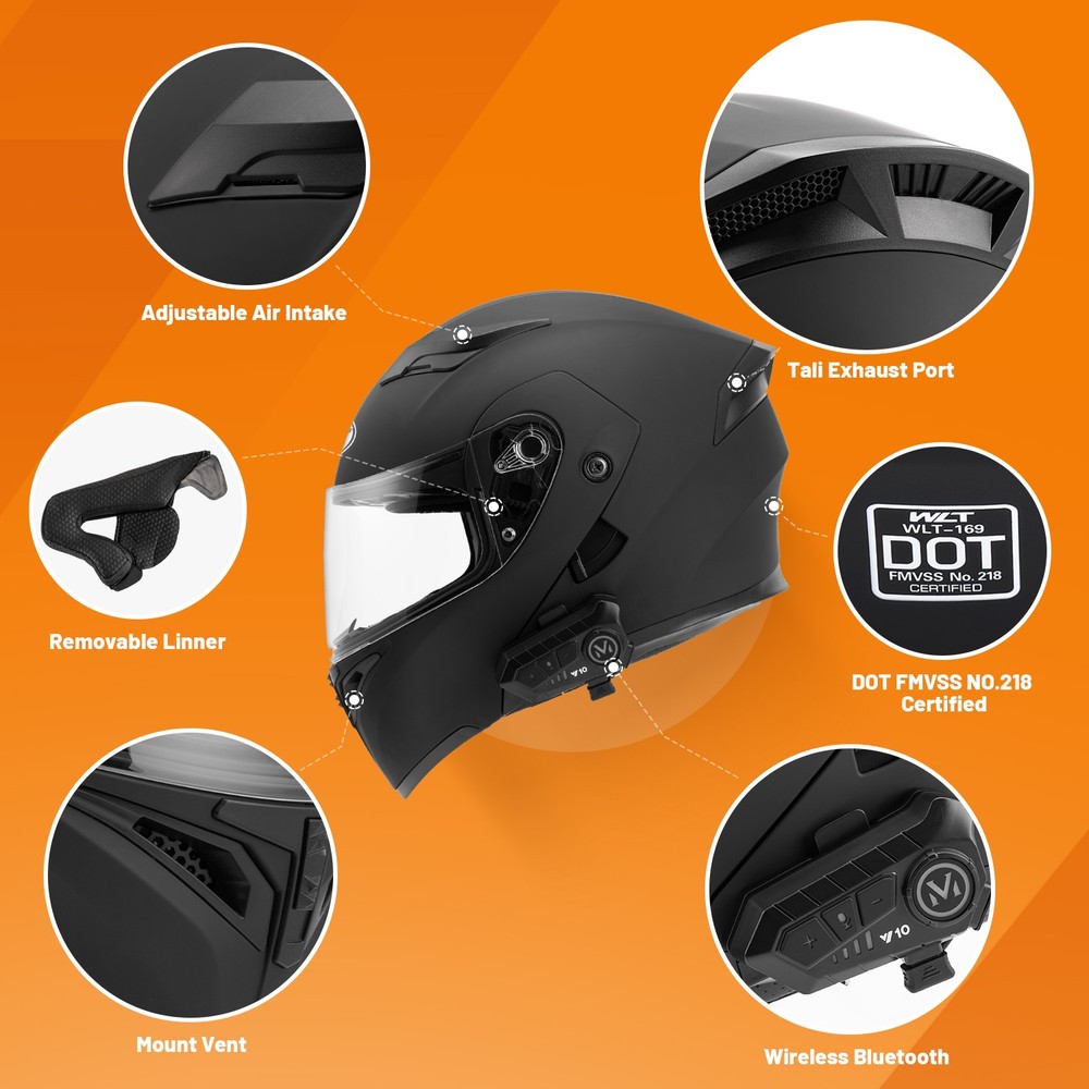 LED Dual Visors Flip Up Bluetooth Modular Full Motorcycle Helmet Intercom DOT