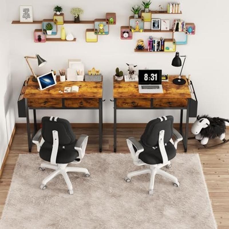 Rustic Brown Computer Desk W/ 2 Drawers & Storage Bag Study Writing Table New