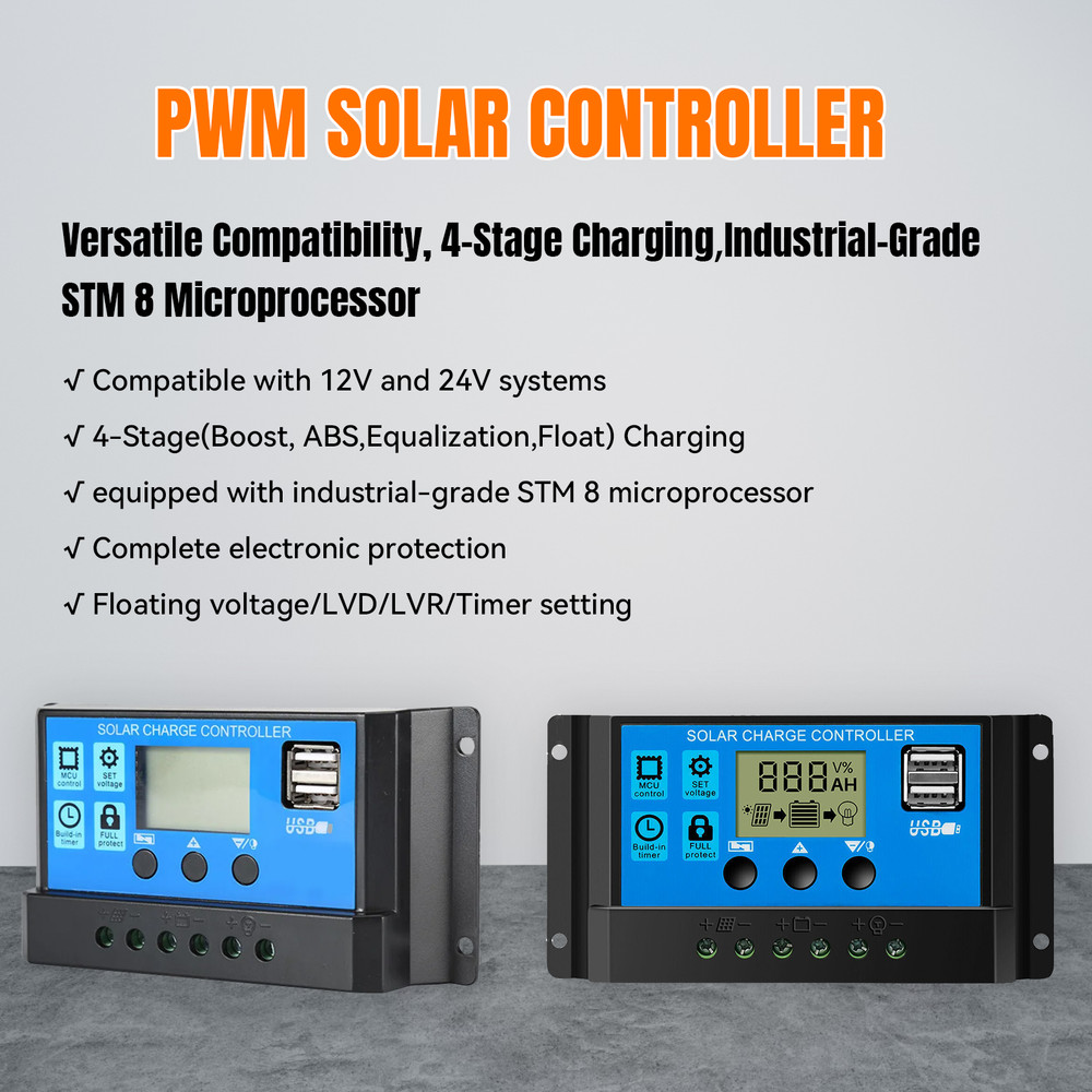 30A Solar Panel Battery Regulator 12V 24V PWM Controller Dual USB LCD