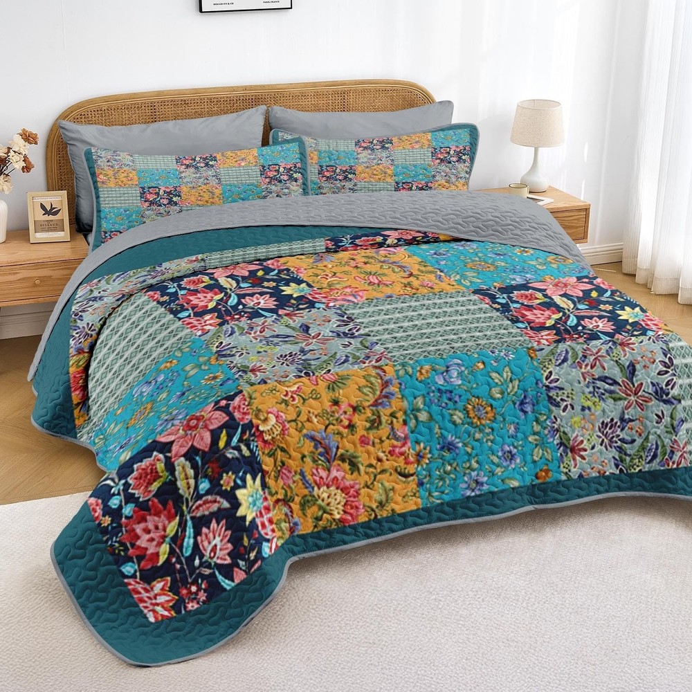 Patchwork Quilt Set Queen Size, Rustic Flowers 3 Pcs Soft Bed Cover Bedding S...