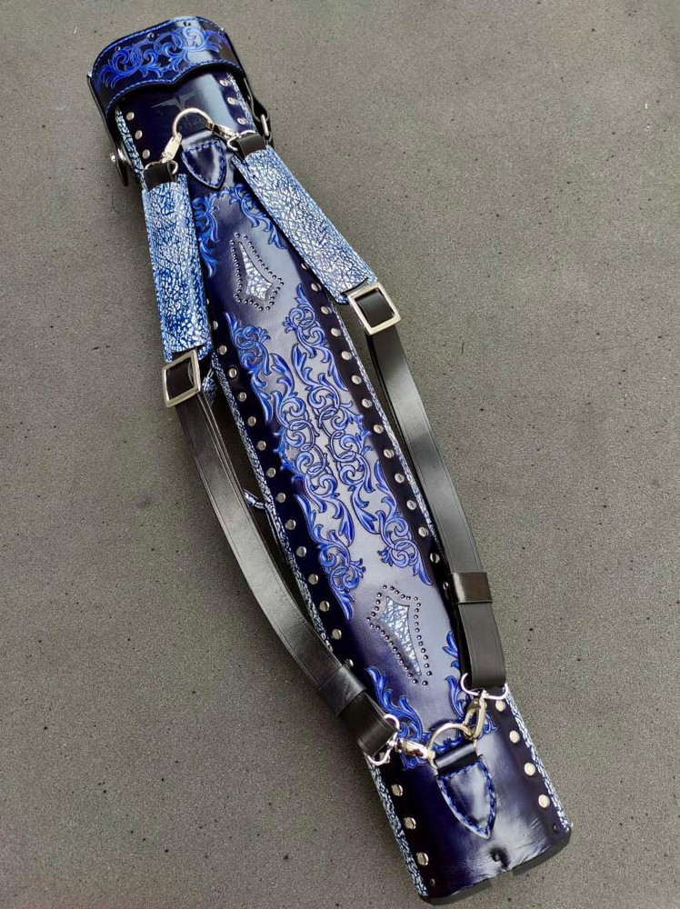 Volturi Strata Genuine Leather Hand Tooled Leather Cue Case Blue 4x8
