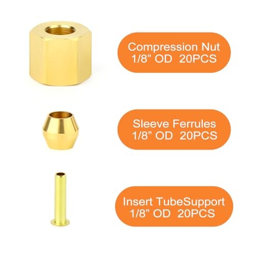 60PCS Brass Compression Fitting,Sleeve Ferrules&Insert Tube 1/8" OD,60Pack Kit