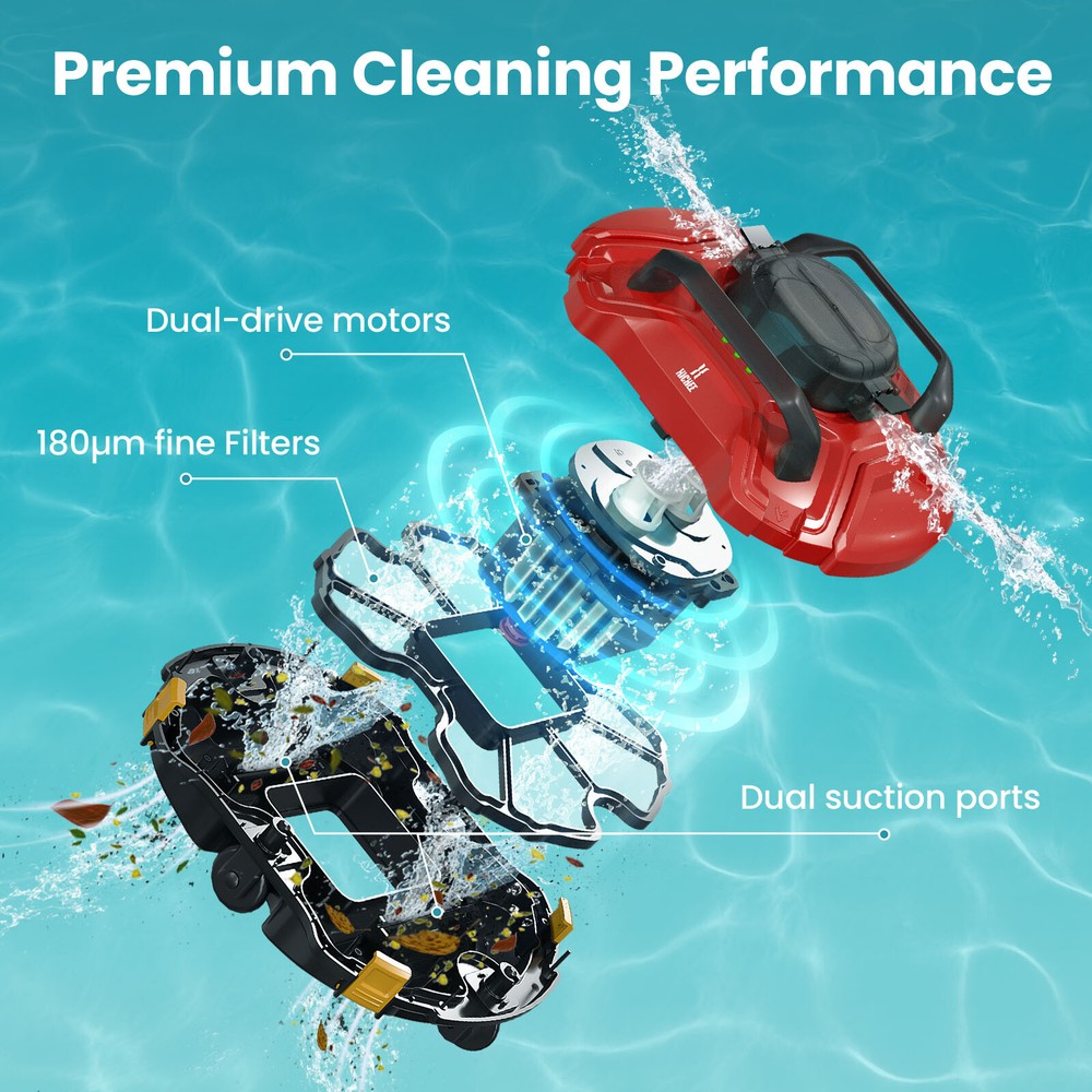 Automatic Pool Vacuum Cleaner Robotic Cordless WIth Dual-Motors LED Indicator