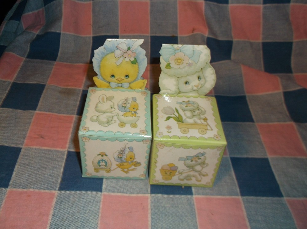 Two Enesco Easter Parade Folded Box  Empty 3 7/8" High at Back Fun Graphics