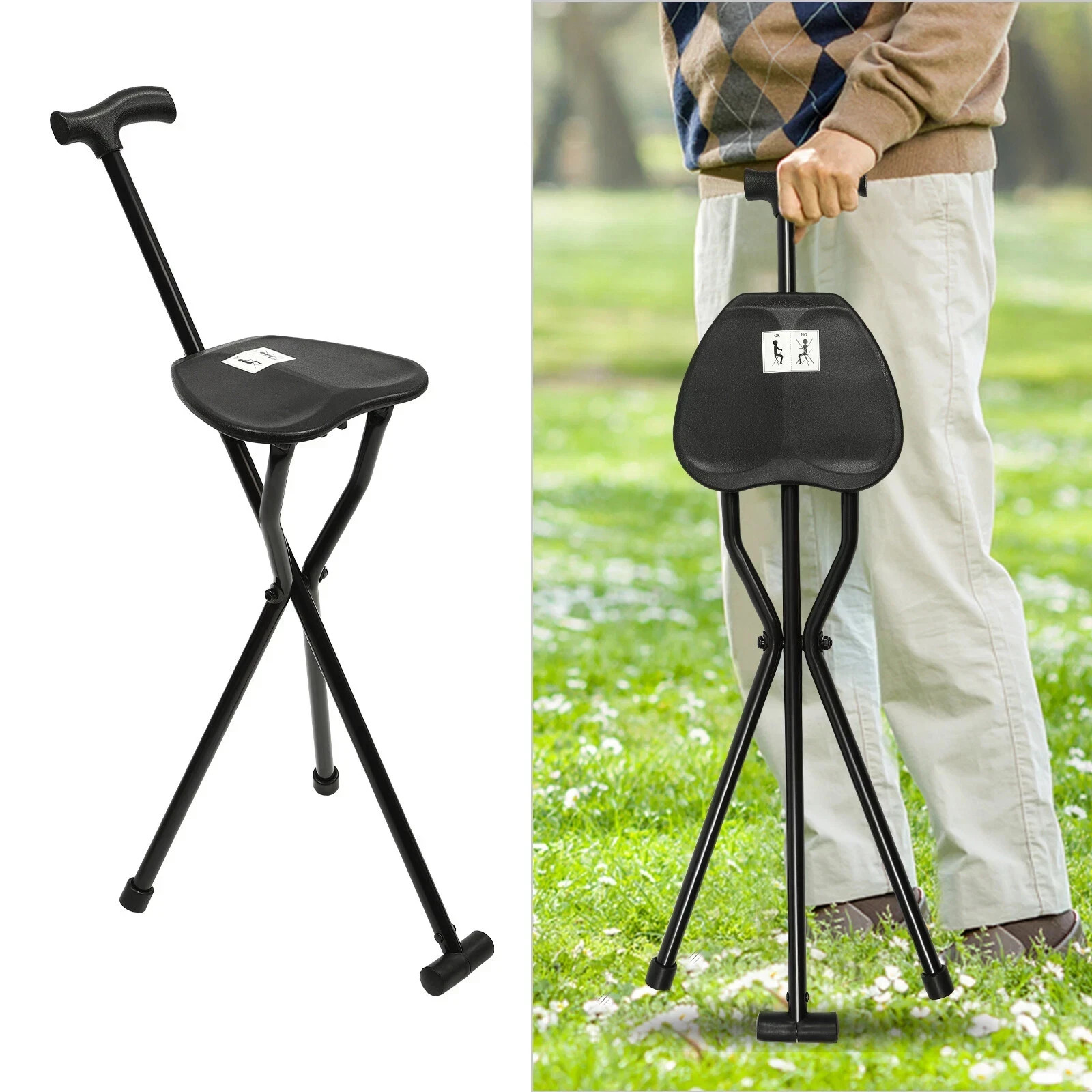3 Legged Portable Folding Walking Stick with Seat Travel Hiking Cane Chair Stool