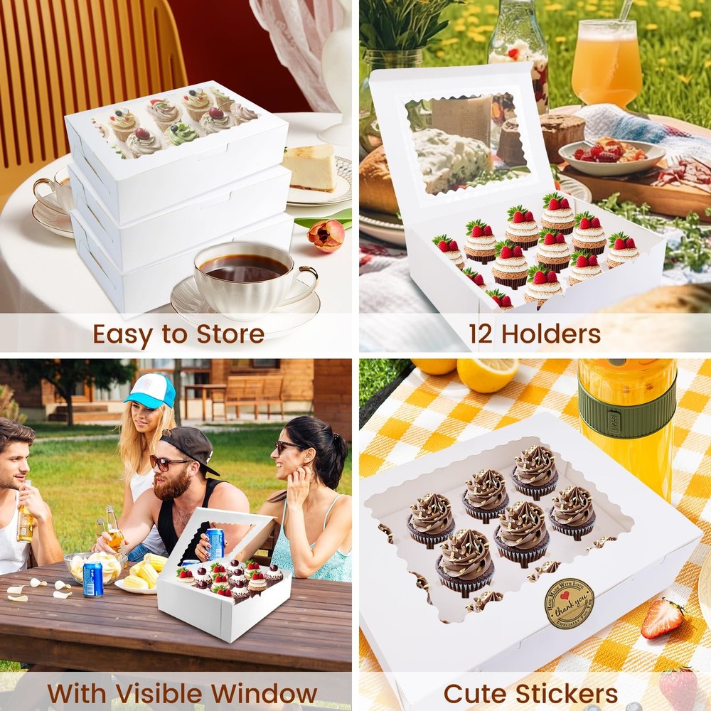 12PCS Cupcake Boxes 12 Count Cupcake Container with Window White Cupcake Hold...