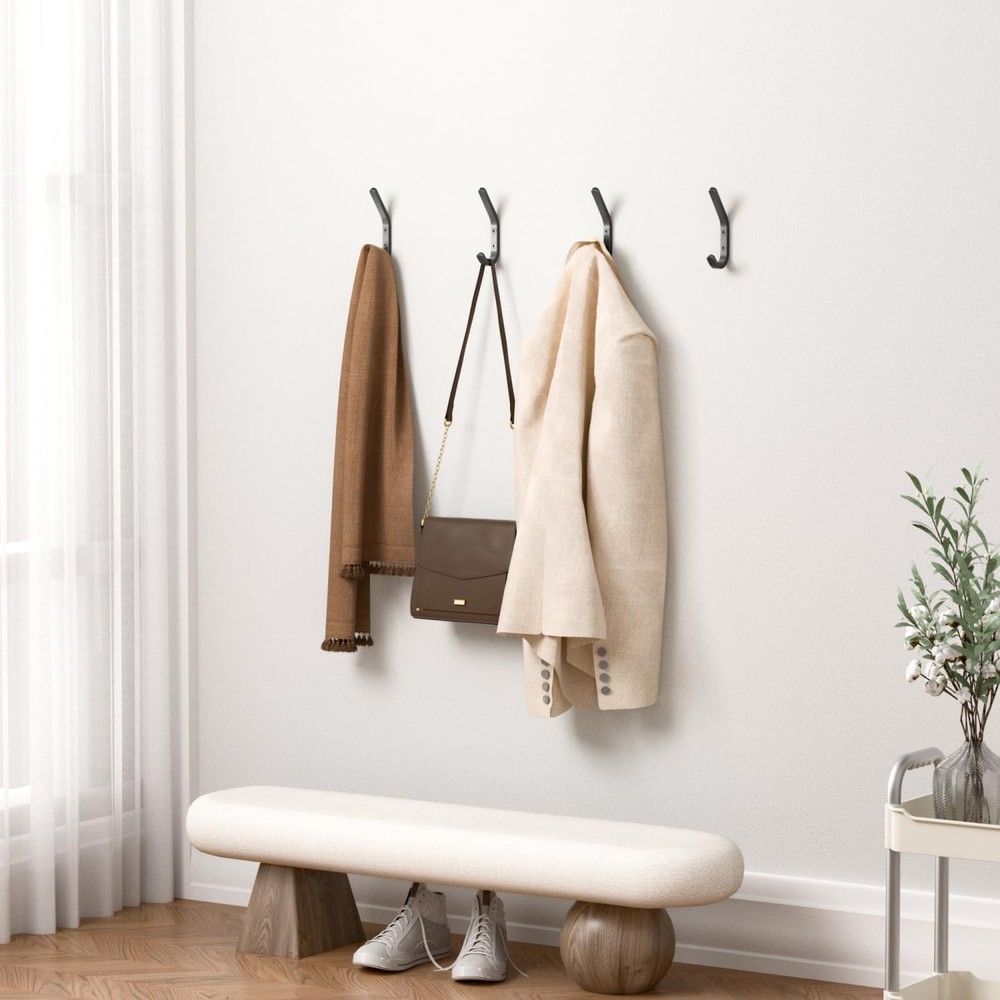 Wall Hooks for Hanging Coats - 5 Pack Black 3.2'' Double Hook Design, Hat Org...